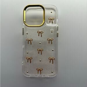 Clear Gold Bow Case – Glitter Detail & Gold Camera Ring iPhone 16 Pro